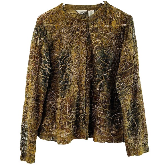 Womens L Laura‎ Ashley Petite Lace Jacket Floral Embroidery Button Brown Green - Picture 1 of 5